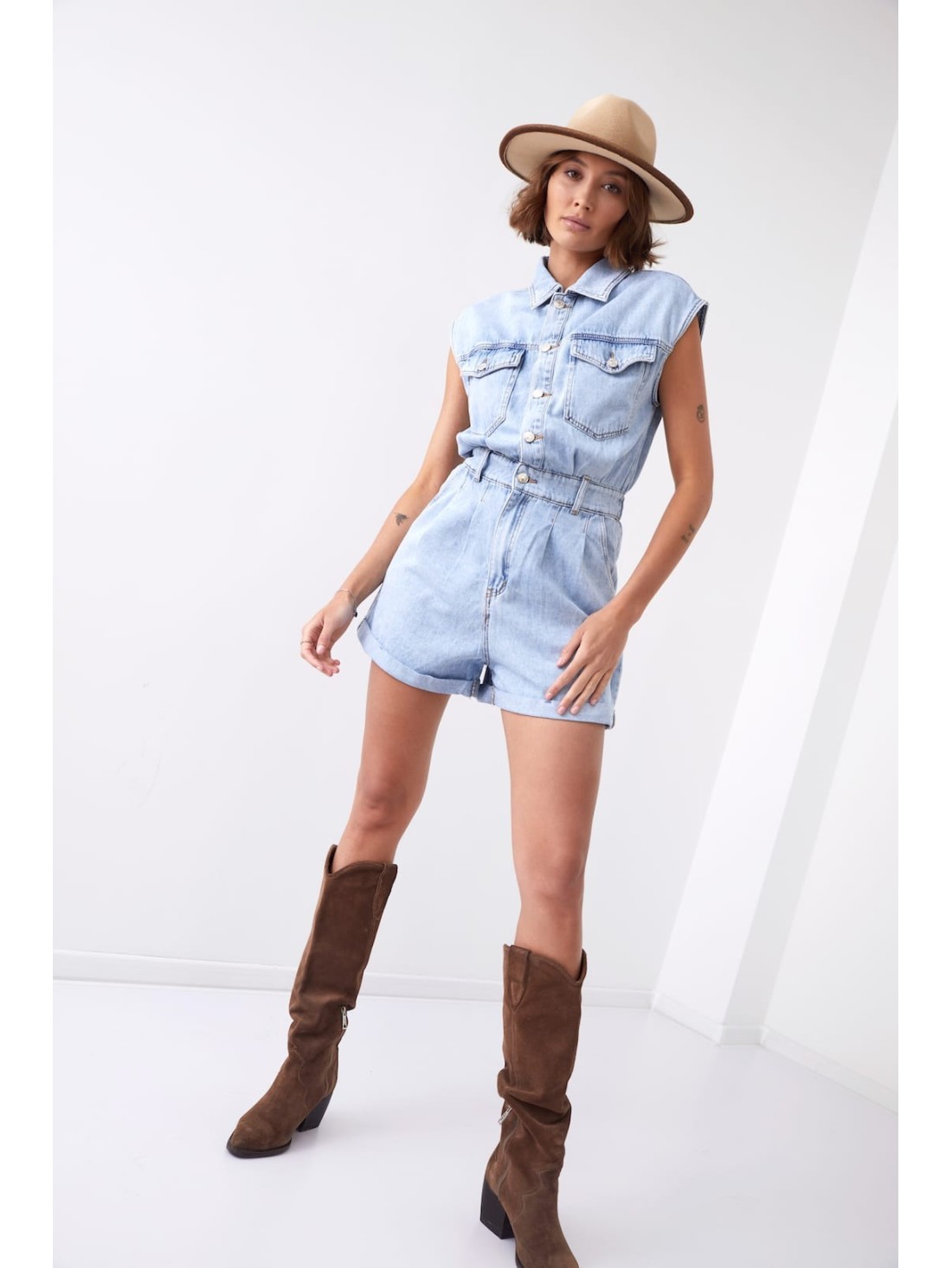 Short denim jumpsuit with collar 01630 - Online store - Boutique